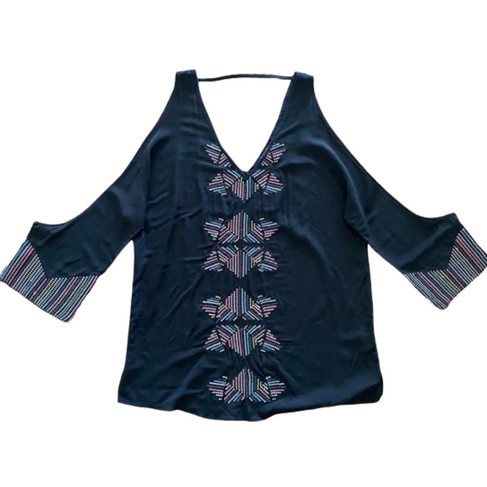 LOVE STITCH Black Cold Shoulder Embroidered Top